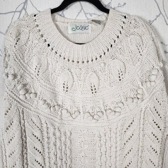 Jessie VTG Ivory Ramie Cotton Cable Knit Popcorn Textured Sweater - Picture 2 of 6